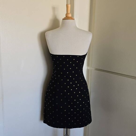 Vtg Betsey Johnson Womens Bodycon Dress Black Stretch Denim Studded Front Zip St - Picture 5 of 8